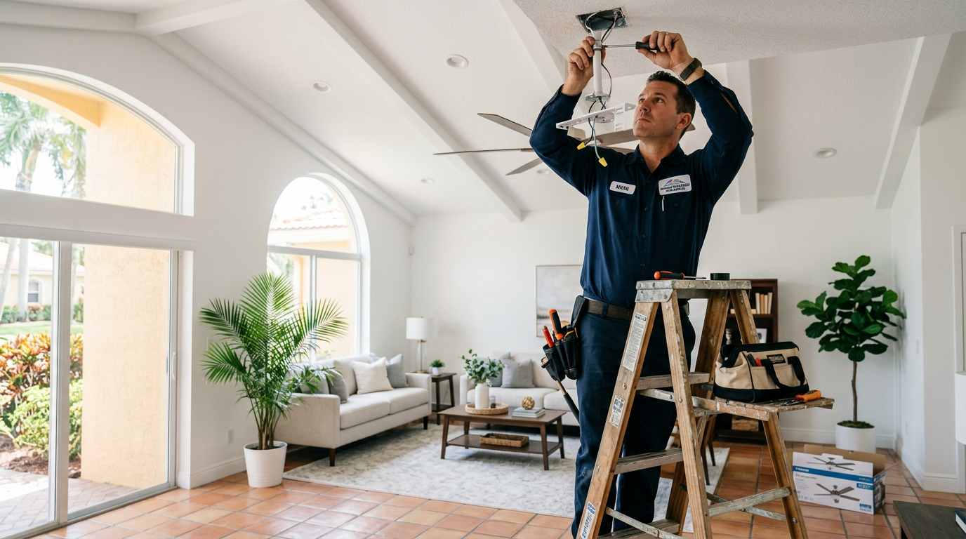 Boca Raton DIY Electrical Limits: Code, Safety & Pro Costs Handyman installing a ceiling fan in a Boca Raton, Palm Beach County home