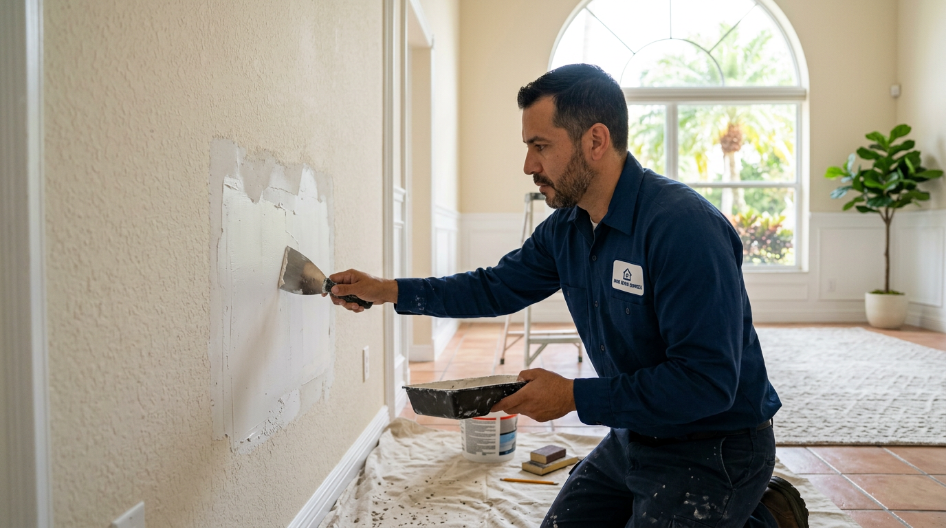 Boca Raton Drywall Repair & Texture Cost Breakdown Handyman repairing and finishing a drywall patch in a Boca Raton, Palm Beach County home