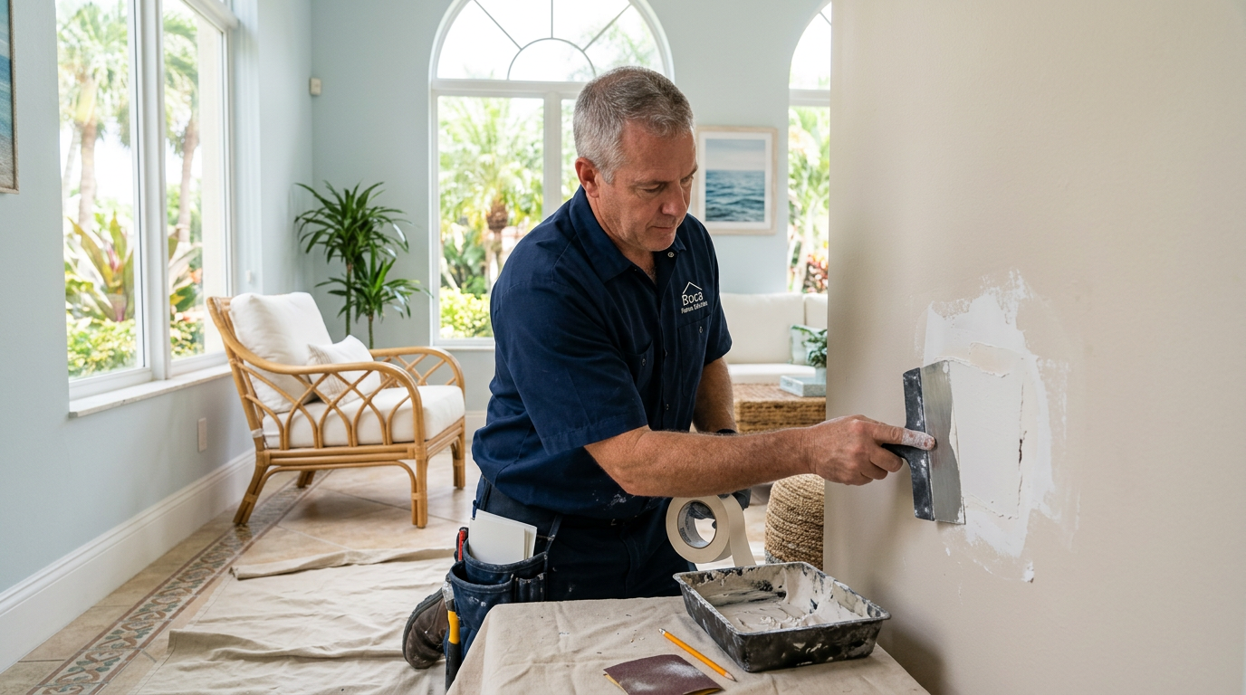 Boca Raton Drywall Patch & Texture Pricing by Hole Size Handyman repairing and finishing a drywall patch in a Boca Raton, Palm Beach County home