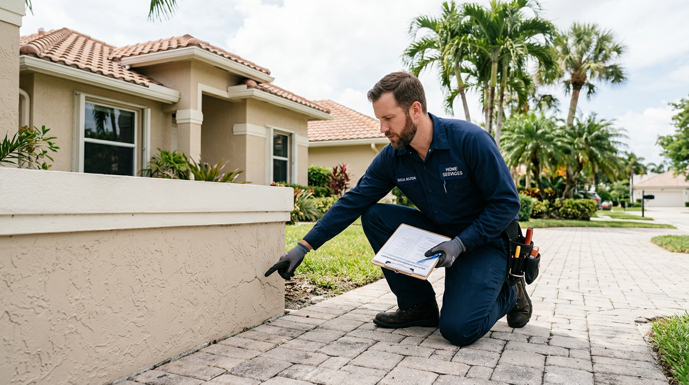 Handyman inspecting coastal stucco exterior of a home in Boca Raton, Palm Beach County home