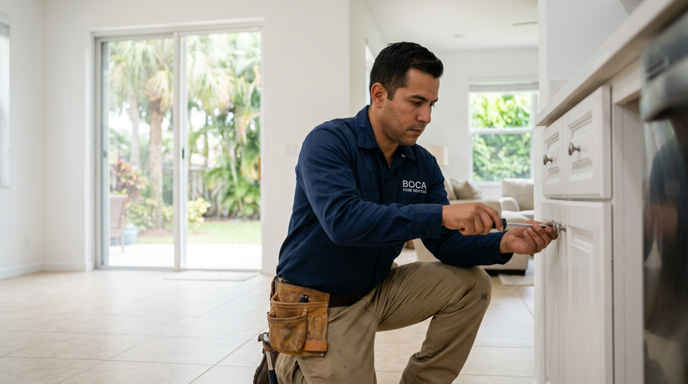 Boca Raton Seasonal Home Closing Checklist & Costs (2026) Professional handyman working on a home repair in Boca Raton, Palm Beach County home