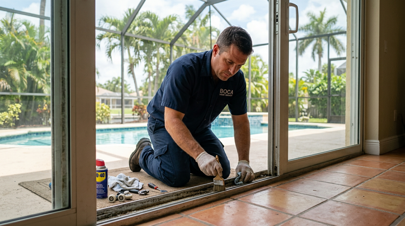 Boca Raton Sliding Door Track Care: Salt Air & Corrosion Guide Handyman repairing a sliding glass patio door track in a Boca Raton, Palm Beach County home