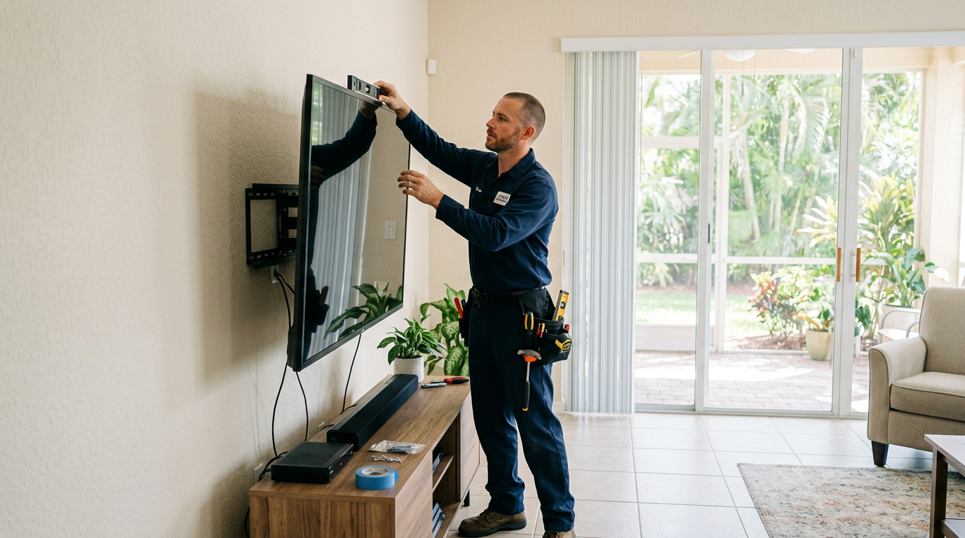 Boynton Beach TV Mounting: Code Violations & Safety Guide Handyman mounting a flat-screen TV on a living room wall in Boynton Beach, Palm Beach County home