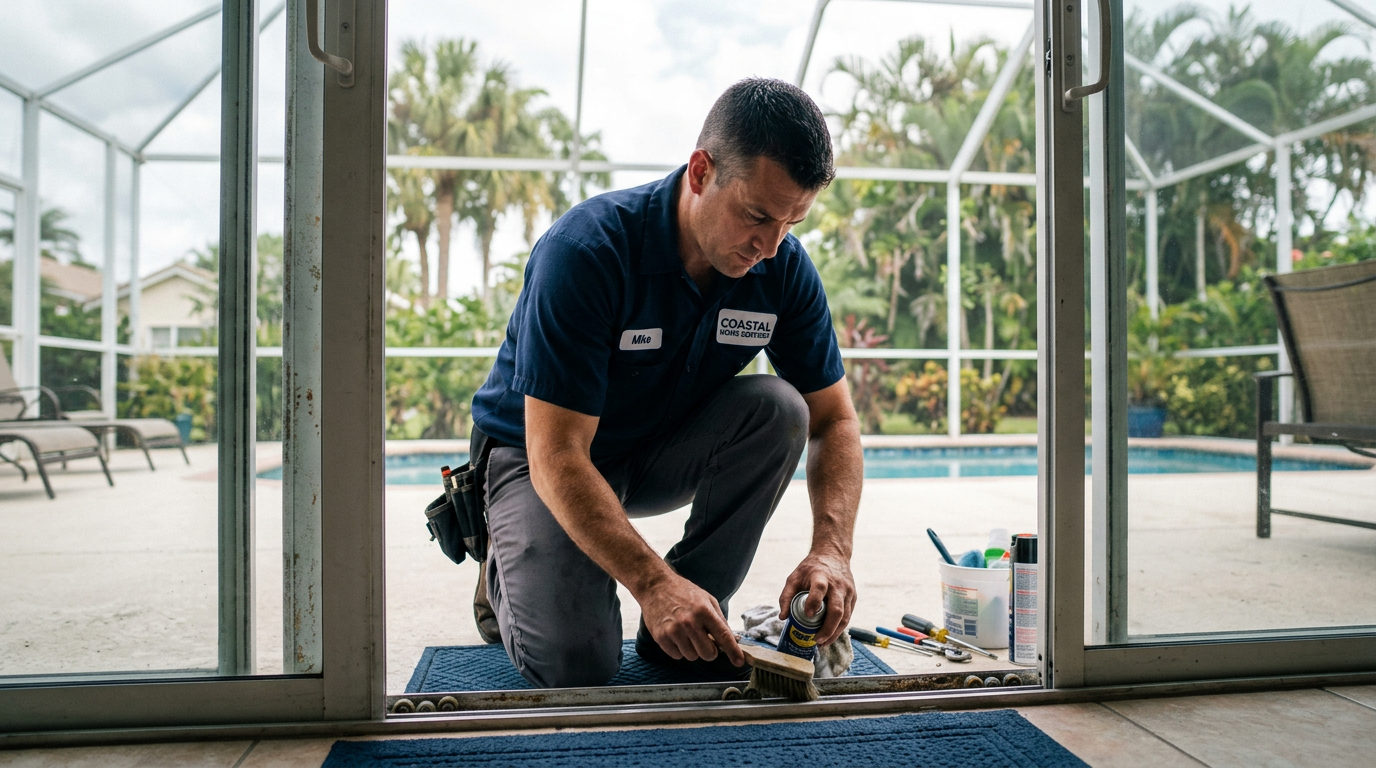 Boynton Beach Coastal Patio Door Track Maintenance & Salt Care Handyman repairing a sliding glass patio door track in a Boynton Beach, Palm Beach County home