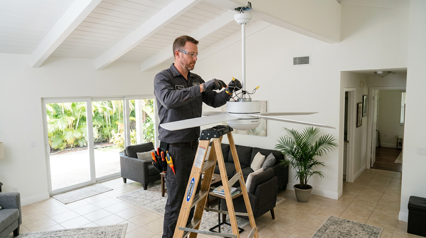 Boynton Beach DIY Electrical Safety: Code Rules & Pro Costs Handyman installing a ceiling fan in a Boynton Beach, Palm Beach County home
