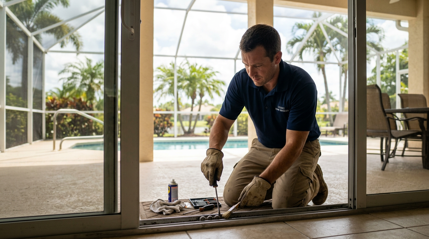 Boynton Beach Sliding Glass Door Track Repair & Salt Air Care Handyman repairing a sliding glass patio door track in a Boynton Beach, Palm Beach County home