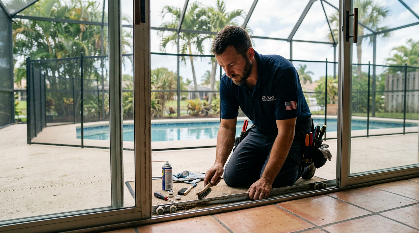 Delray Beach Coastal Patio Door Track Care & Repair Costs Handyman repairing a sliding glass patio door track in a Delray Beach, Palm Beach County home