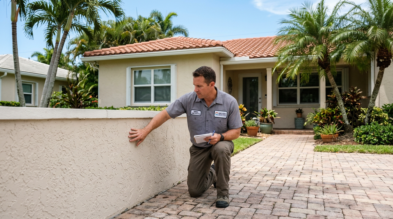 Delray Beach Pre-Hurricane Home Walkthrough Guide (2026) Handyman inspecting coastal stucco exterior of a home in Delray Beach, Palm Beach County home