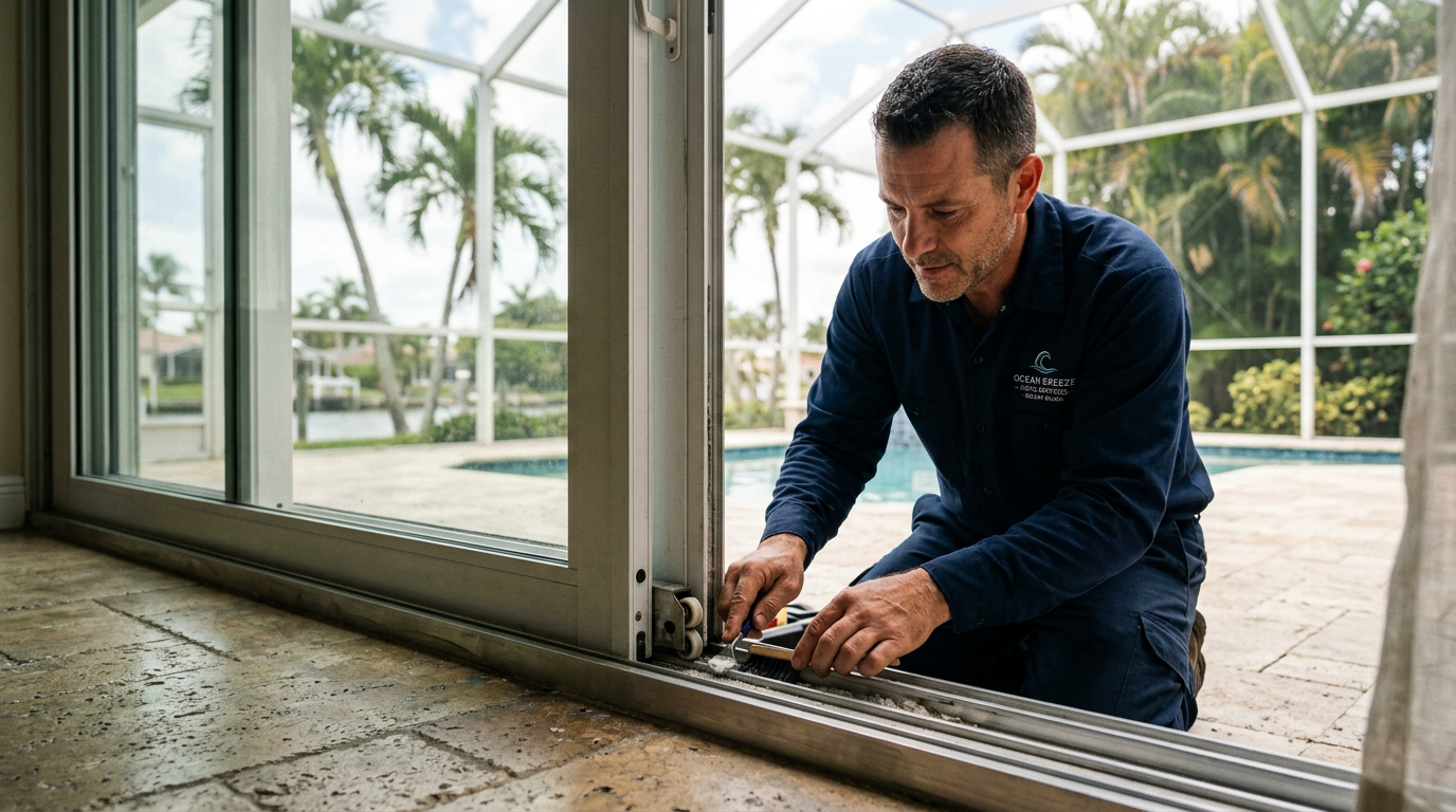 Handyman repairing a sliding glass patio door track in a Delray Beach, Palm Beach County home