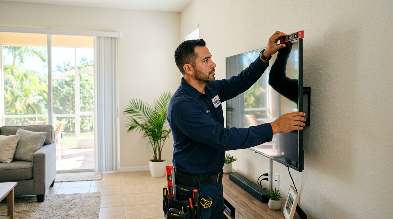 Delray Beach TV Mounting: DIY Safety, Building Code & Costs Handyman mounting a flat-screen TV on a living room wall in Delray Beach, Palm Beach County home