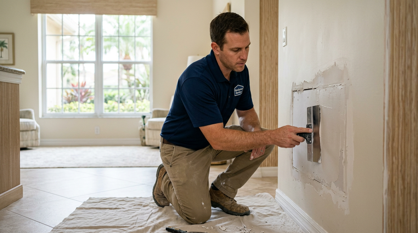 DIY vs. Pro Drywall Repair in Boca Raton: Is It Worth It? Handyman repairing and finishing a drywall patch in a Boca Raton, Palm Beach County home
