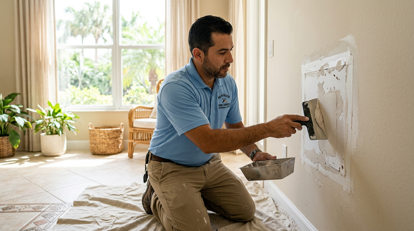 DIY vs. Pro Drywall Repair in Palm Beach Gardens Guide Handyman repairing and finishing a drywall patch in a Palm Beach Gardens, Palm Beach County home