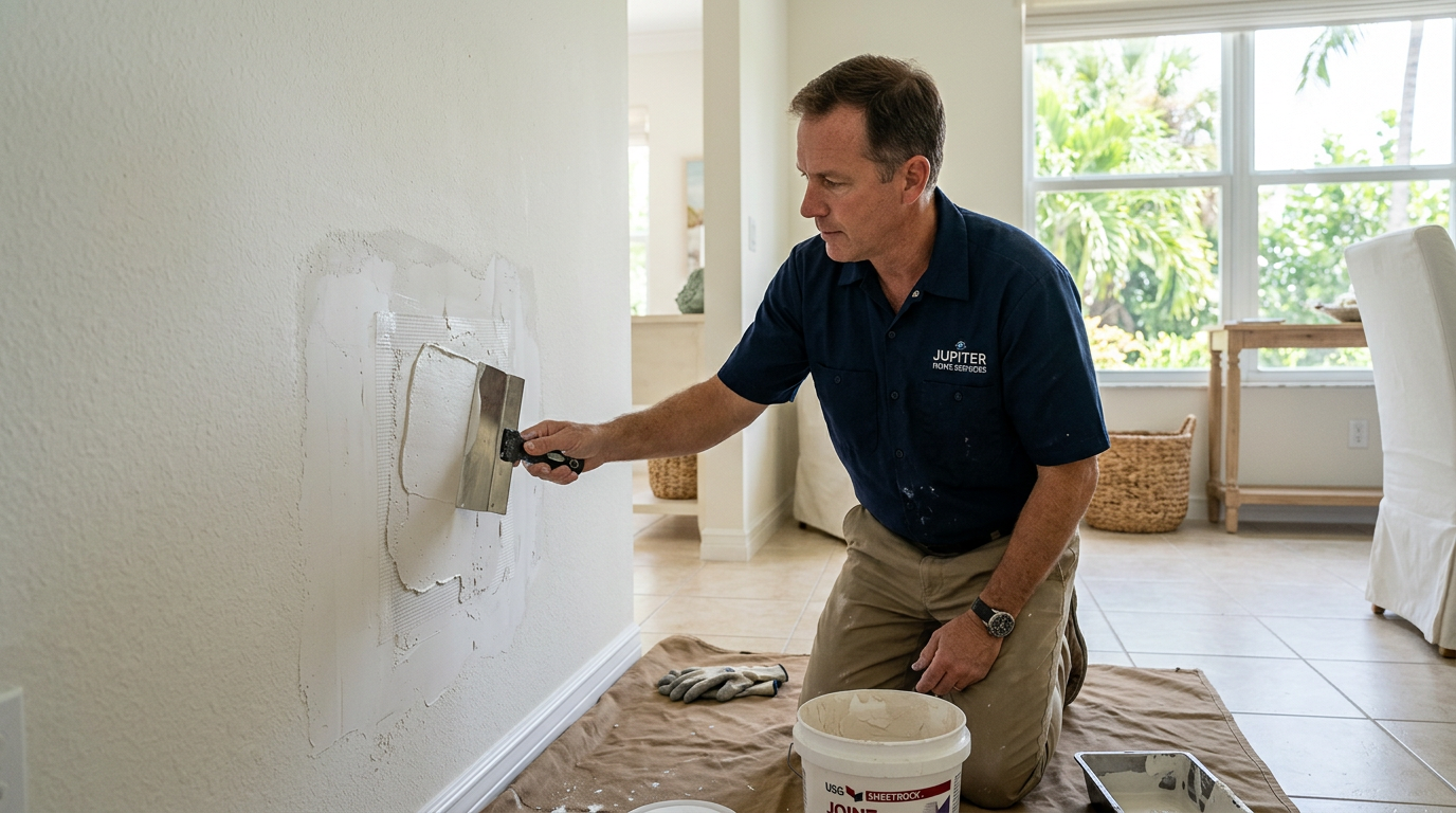 DIY vs Pro Drywall Repair in Jupiter: Tradeoffs & Costs Handyman repairing and finishing a drywall patch in a Jupiter, Palm Beach County home