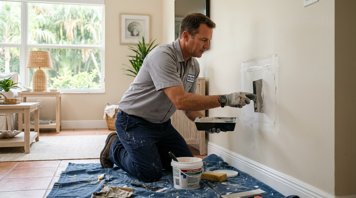 DIY vs. Pro Drywall Repair in Wellington: Code, Cost & HOA Rules Handyman repairing and finishing a drywall patch in a Wellington, Palm Beach County home
