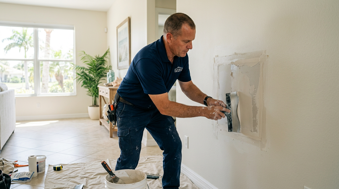 DIY vs. Pro Drywall Repair in West Palm Beach: Codes & Costs Handyman repairing and finishing a drywall patch in a West Palm Beach, Palm Beach County home