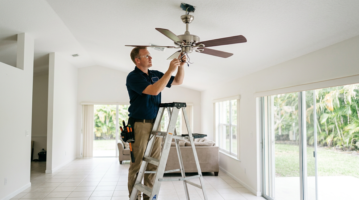 DIY vs Pro Electrical in Palm Beach Gardens: Safety & Code Handyman installing a ceiling fan in a Palm Beach Gardens, Palm Beach County home