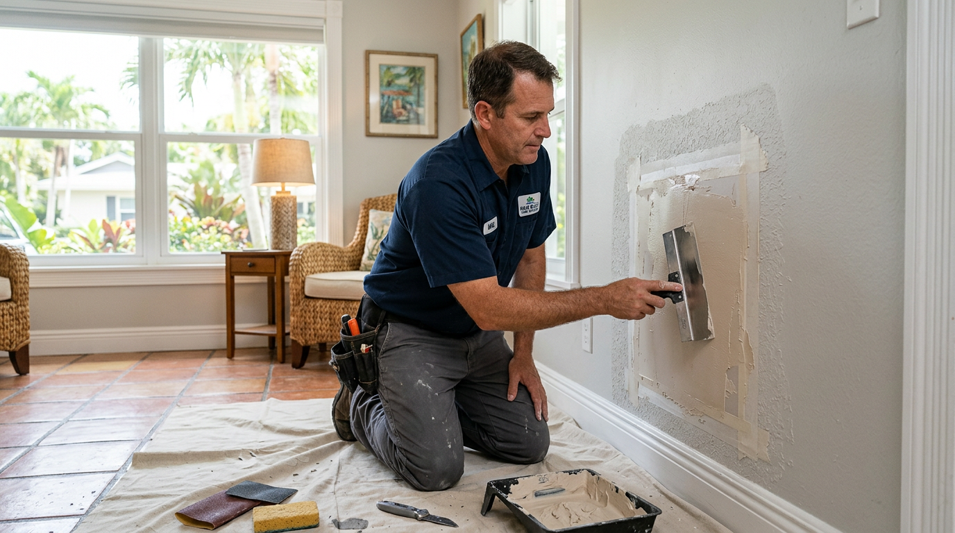 Drywall Patching & Texture Match Costs in Boynton Beach Handyman repairing and finishing a drywall patch in a Boynton Beach, Palm Beach County home