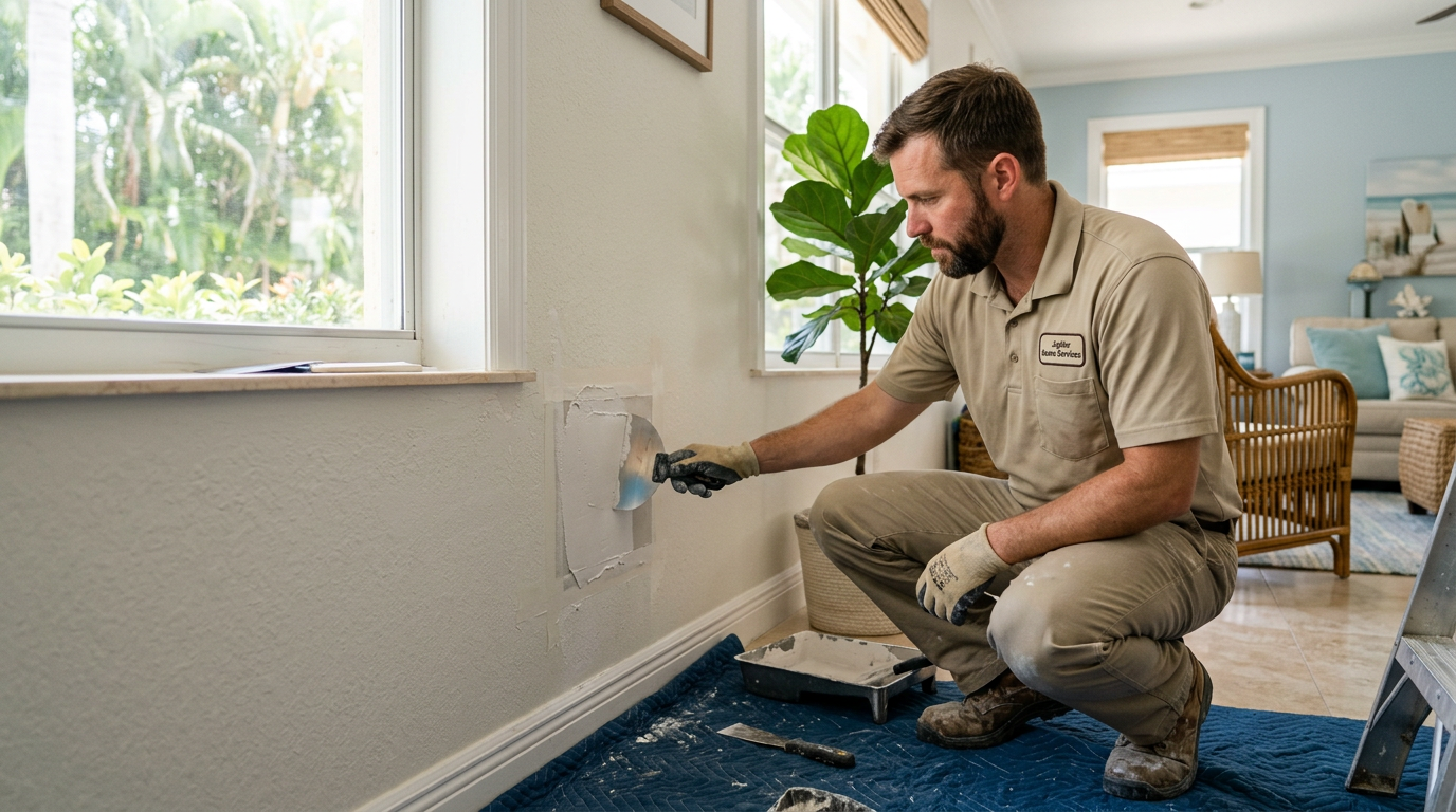 Handyman repairing and finishing a drywall patch in a Jupiter, Palm Beach County home