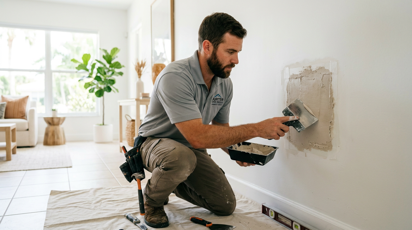 Jupiter Drywall Patch & Texture Pricing: Hole Size Guide Handyman repairing and finishing a drywall patch in a Jupiter, Palm Beach County home