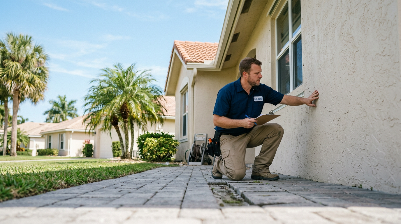 Jupiter Pre-Hurricane Season Home Maintenance Checklist Handyman inspecting coastal stucco exterior of a home in Jupiter, Palm Beach County home