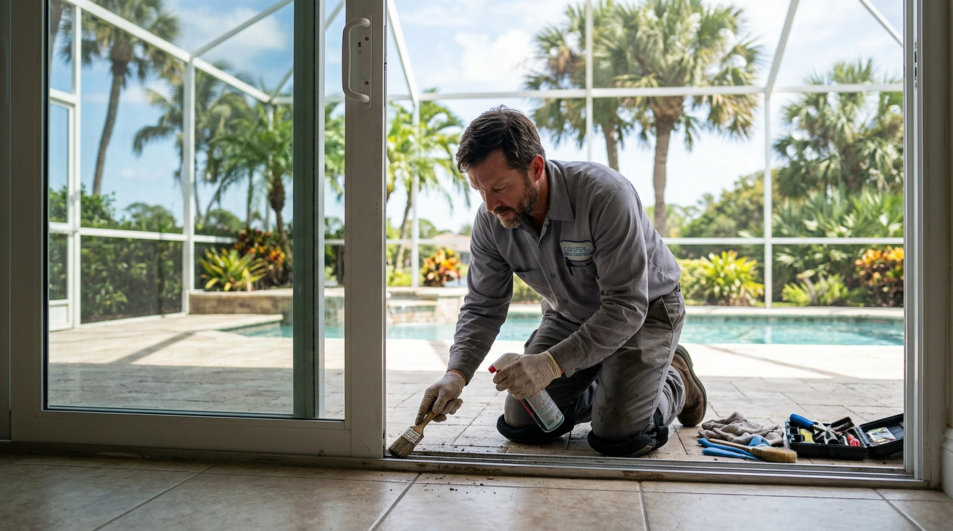 Jupiter Coastal Sliding Door Track Care & Salt Air Maintenance Handyman repairing a sliding glass patio door track in a Jupiter, Palm Beach County home