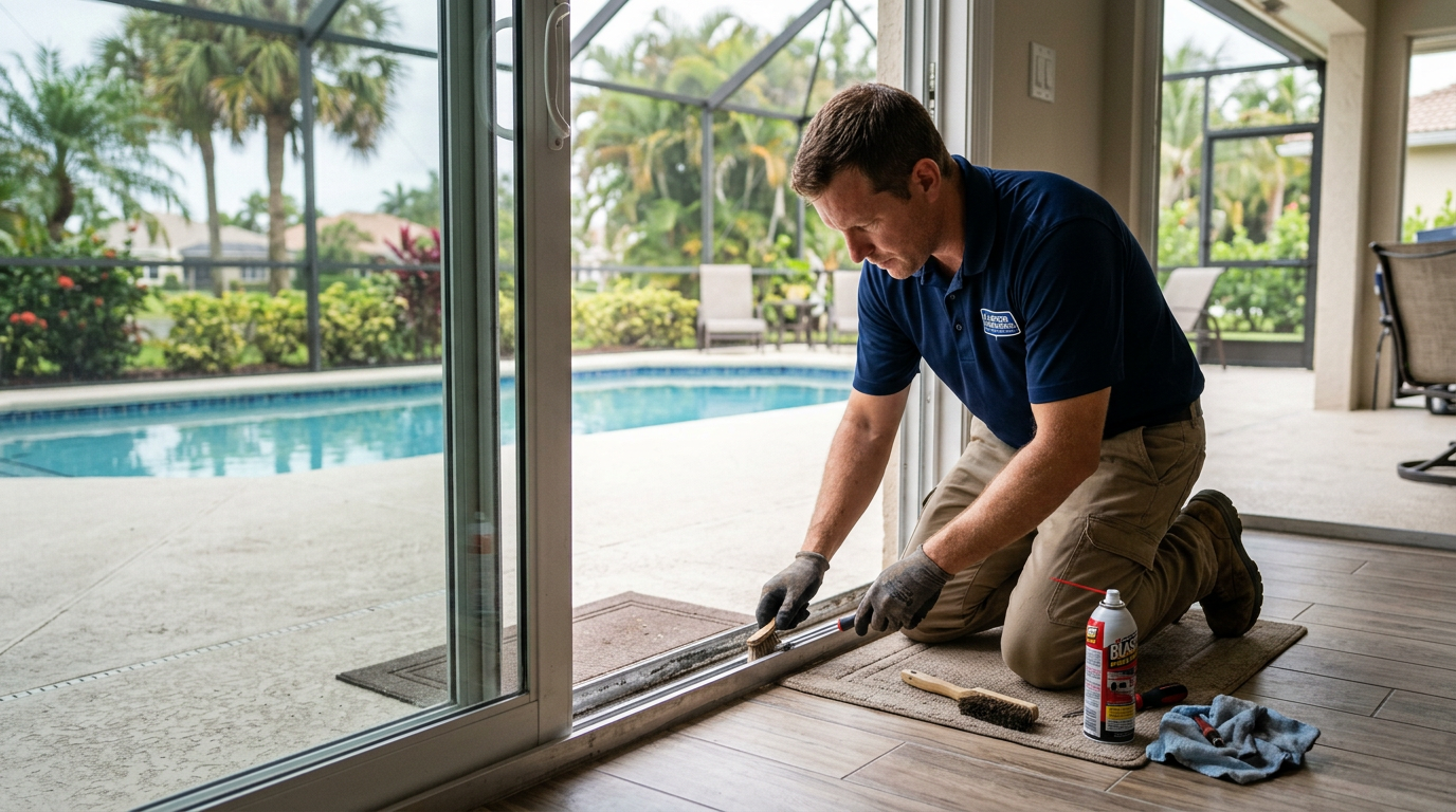 Jupiter Sliding Glass Door Track Repair & Salt Air Care Guide Handyman repairing a sliding glass patio door track in a Jupiter, Palm Beach County home