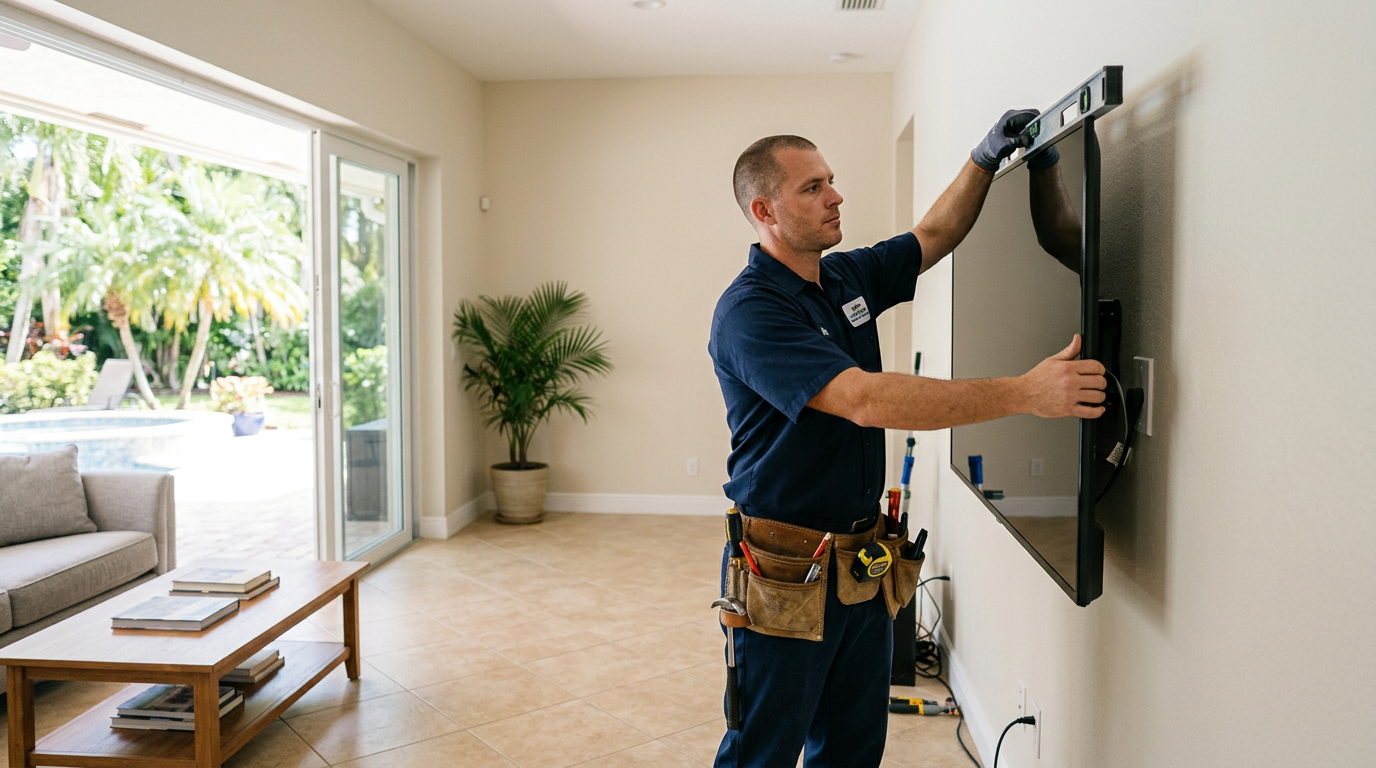 Jupiter TV Mounting: DIY Safety, Code Rules & Costs Handyman mounting a flat-screen TV on a living room wall in Jupiter, Palm Beach County home
