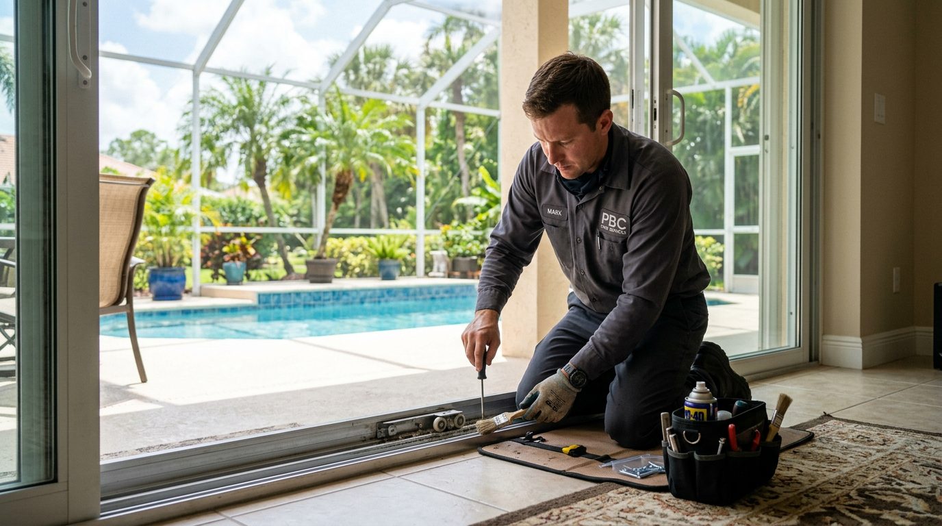 Palm Beach Gardens Coastal Sliding Door Track Repair Guide Handyman repairing a sliding glass patio door track in a Palm Beach Gardens, Palm Beach County home
