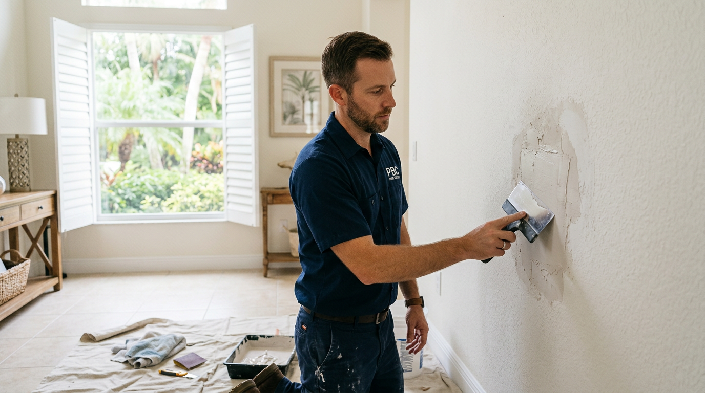 Palm Beach Gardens Drywall Repair Costs: Texture & Hole Size Guide Handyman repairing and finishing a drywall patch in a Palm Beach Gardens, Palm Beach County home