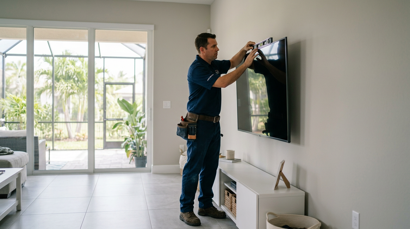 Palm Beach Gardens TV Mounting: DIY Safety, Code & Pro Costs Handyman mounting a flat-screen TV on a living room wall in Palm Beach Gardens, Palm Beach County home