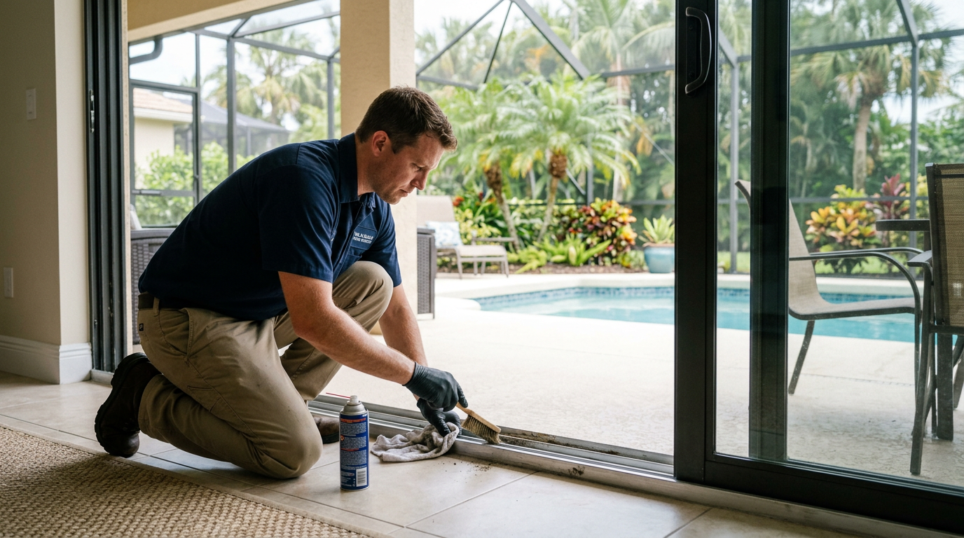 Handyman repairing a sliding glass patio door track in a Palm Beach Gardens, Palm Beach County home