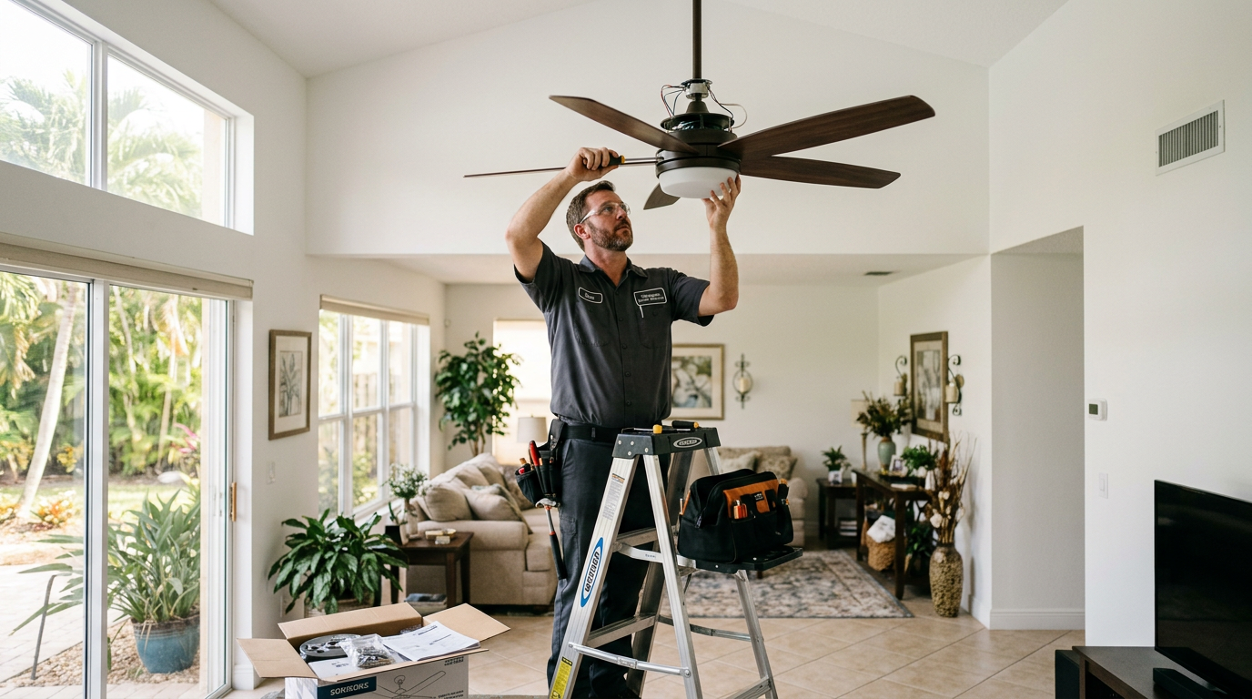 Wellington DIY vs Pro Electrical: Code Rules & Handyman Costs Handyman installing a ceiling fan in a Wellington, Palm Beach County home