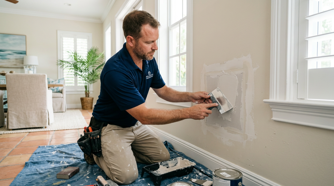 Wellington Drywall Patch & Texture Cost Guide (2026) Handyman repairing and finishing a drywall patch in a Wellington, Palm Beach County home
