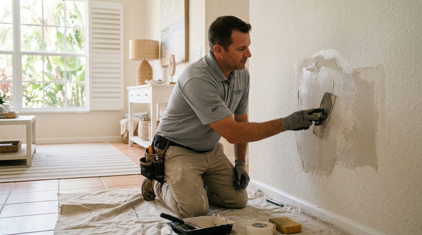 Wellington Drywall Repair Prices: Hole Size & Texture Costs Handyman repairing and finishing a drywall patch in a Wellington, Palm Beach County home