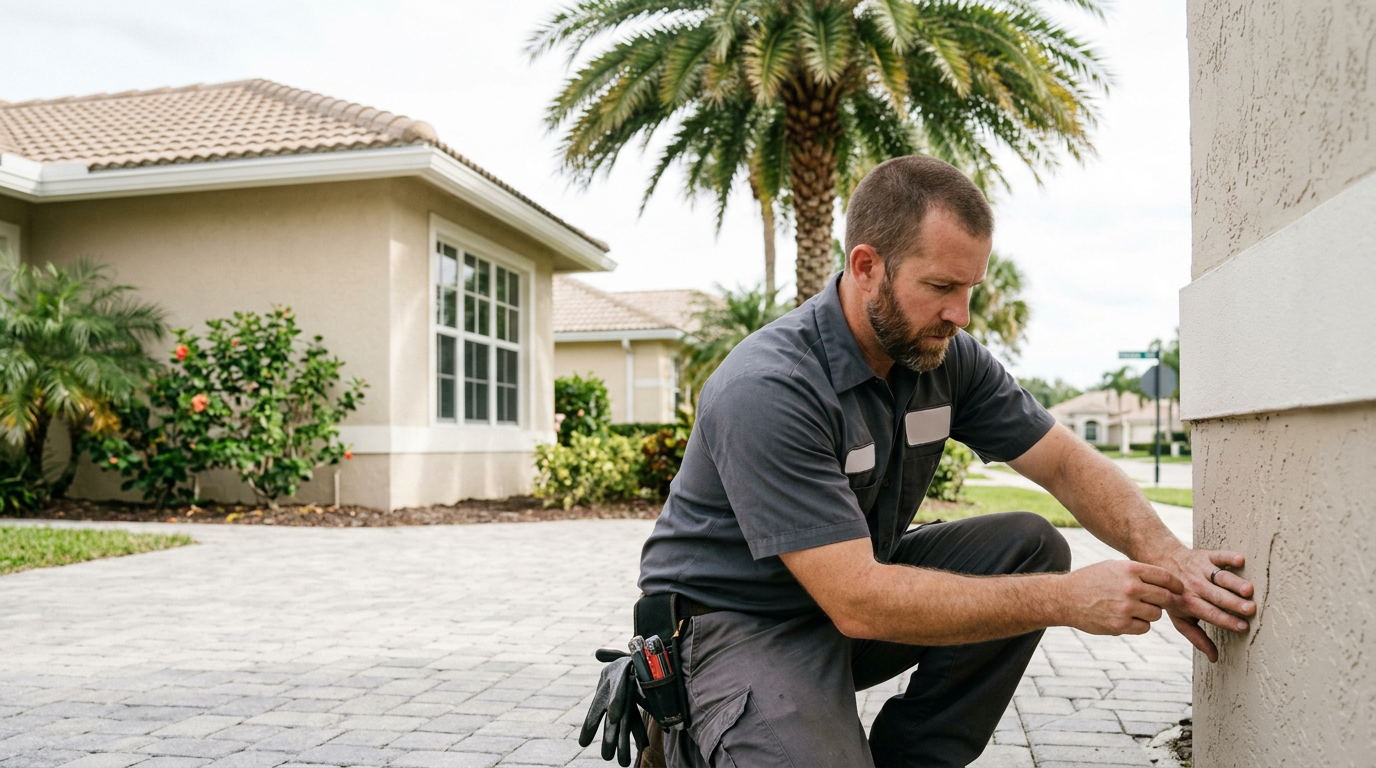 Wellington Pre-Hurricane Home Walkthrough & Prep Guide Handyman inspecting coastal stucco exterior of a home in Wellington, Palm Beach County home