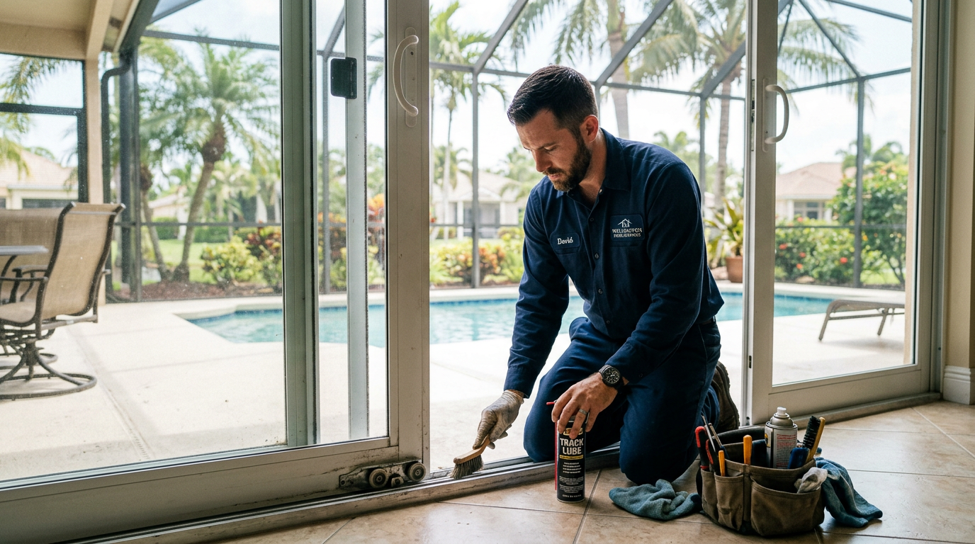 Wellington Sliding Glass Door Track Repair & Salt Care Handyman repairing a sliding glass patio door track in a Wellington, Palm Beach County home