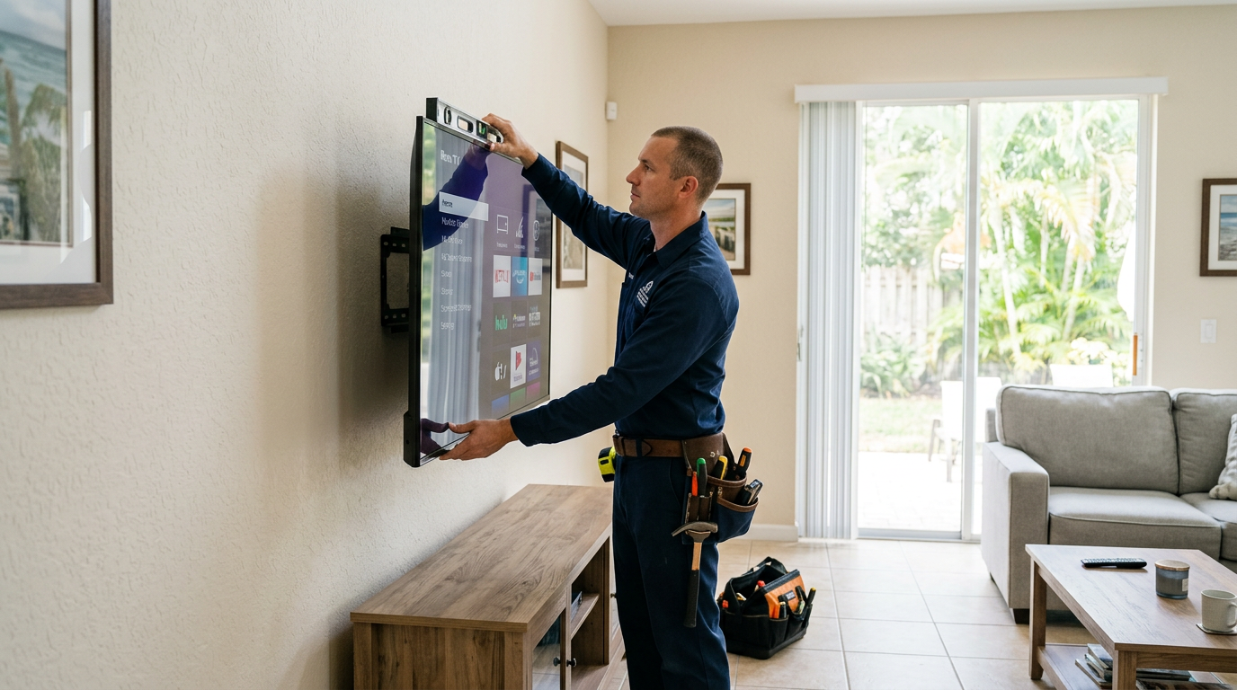 Handyman mounting a flat-screen TV on a living room wall in Wellington, Palm Beach County home
