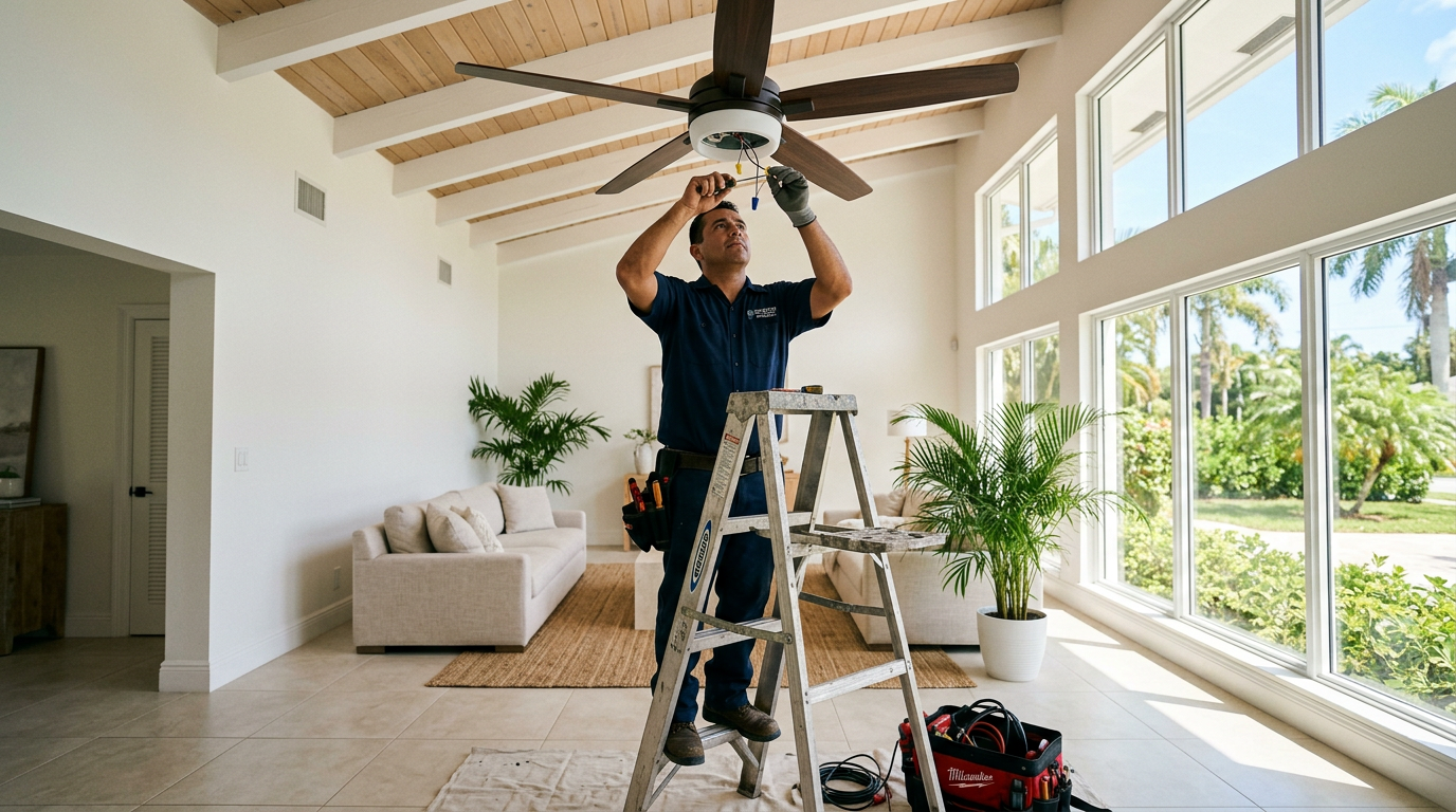 West Palm Beach DIY Electrical vs Pro: Codes, Costs & Safety Handyman installing a ceiling fan in a West Palm Beach, Palm Beach County home