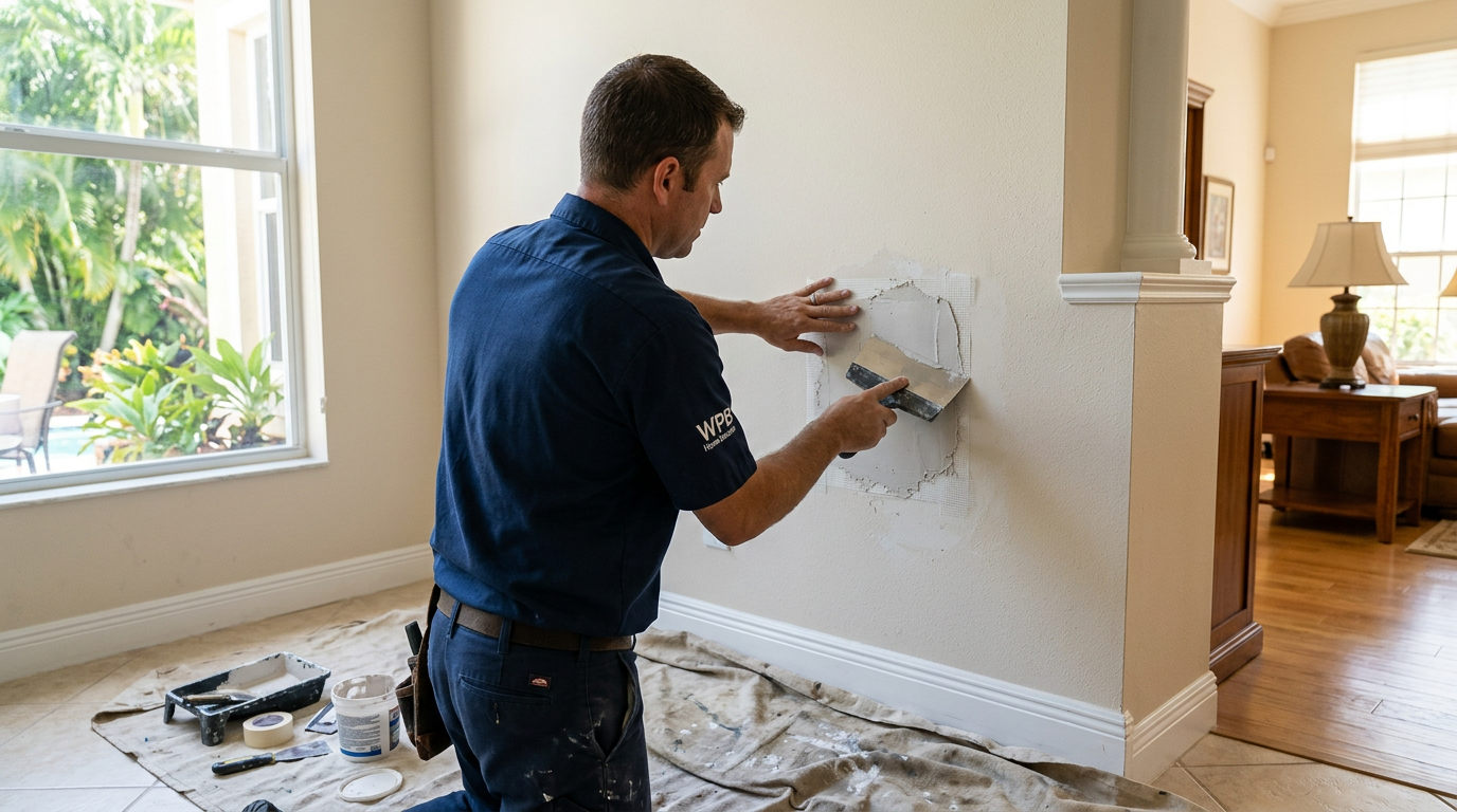 West Palm Beach Drywall Patch & Texture Costs by Hole Size Handyman repairing and finishing a drywall patch in a West Palm Beach, Palm Beach County home