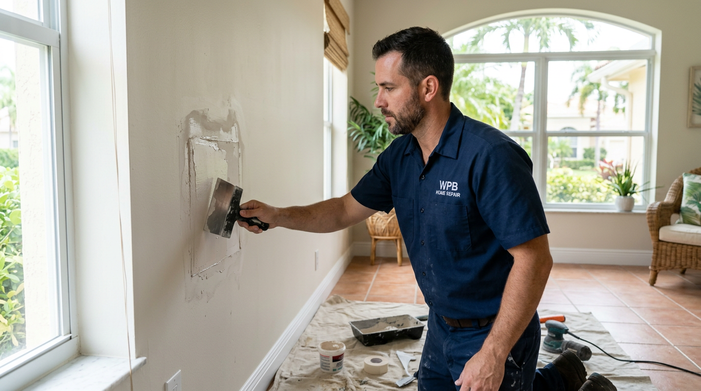 West Palm Beach Drywall Patching & Texture Cost Breakdown (2026) Handyman repairing and finishing a drywall patch in a West Palm Beach, Palm Beach County home