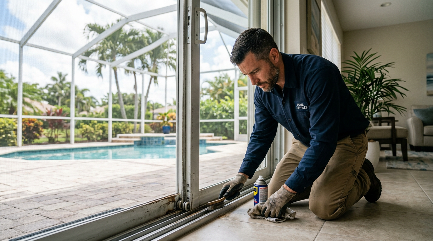 West Palm Beach Sliding Door Track Care: Salt Air & Corrosion Handyman repairing a sliding glass patio door track in a West Palm Beach, Palm Beach County home