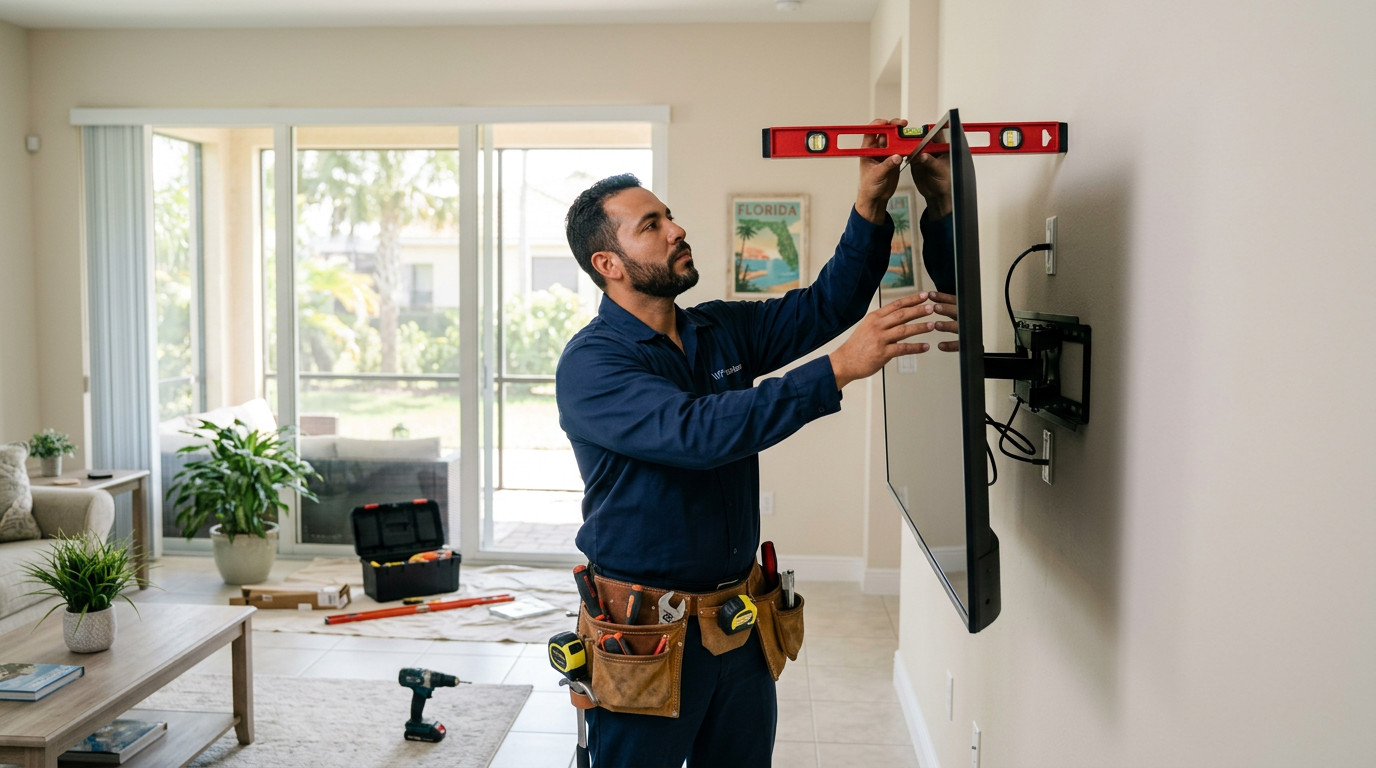 TV Mounting Code & Safety Guide: West Palm Beach DIY vs Pro Handyman mounting a flat-screen TV on a living room wall in West Palm Beach, Palm Beach County home
