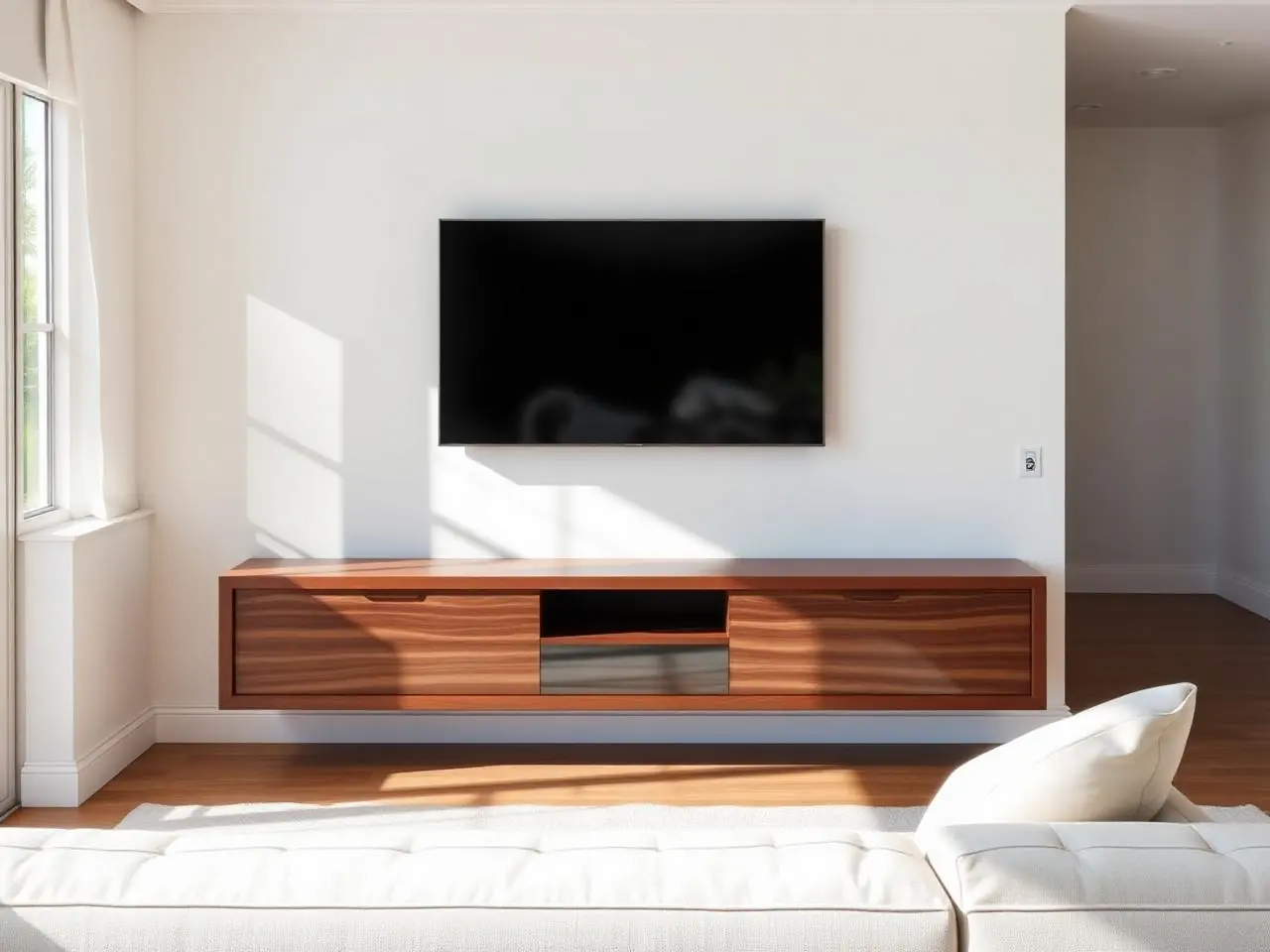 TV mounting in Boca Raton living room with Samsung Frame TV mounted above white console and concealed cables