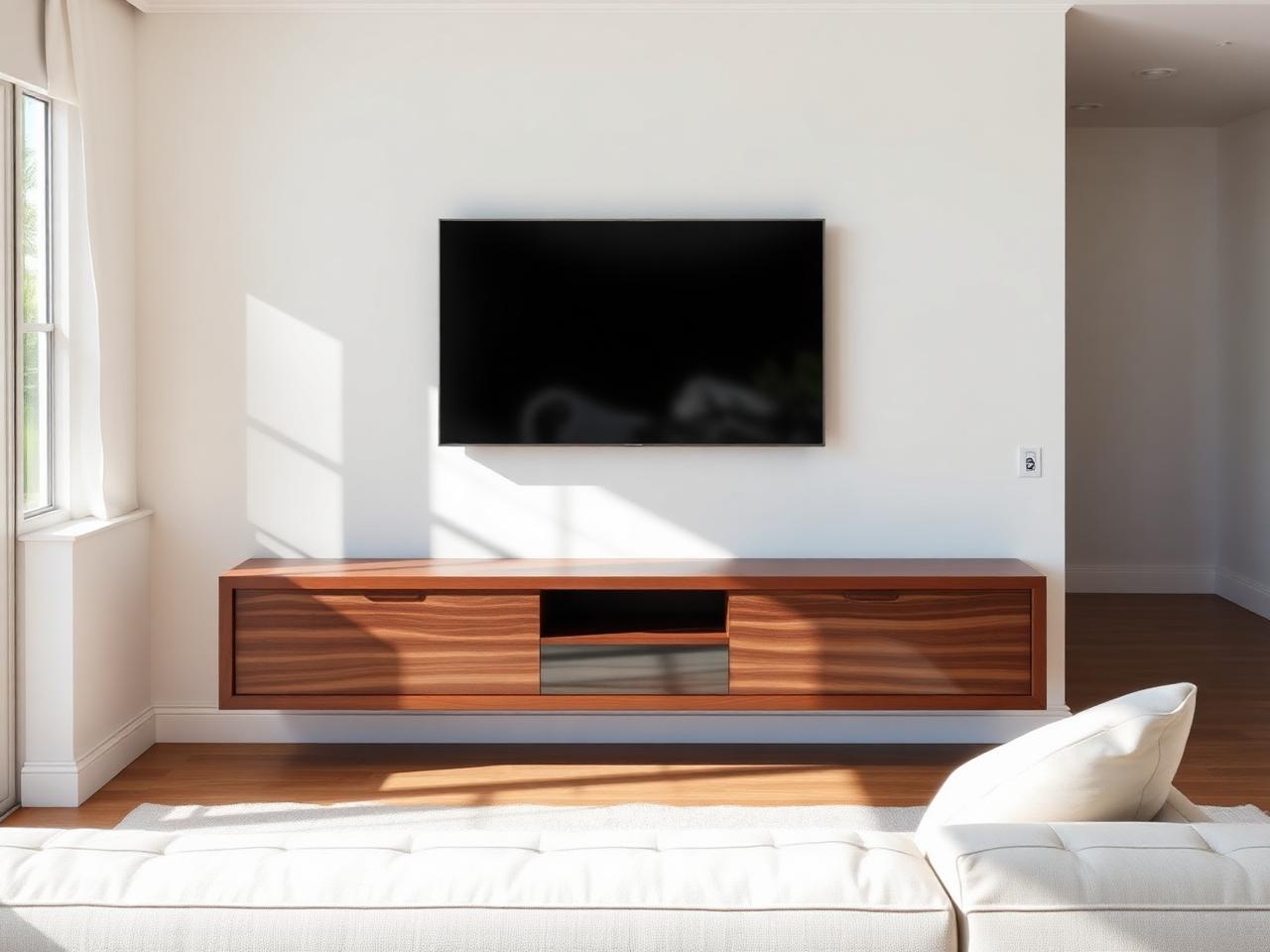 TV mounting in Boca Raton living room with Samsung Frame TV mounted above white console and concealed cables