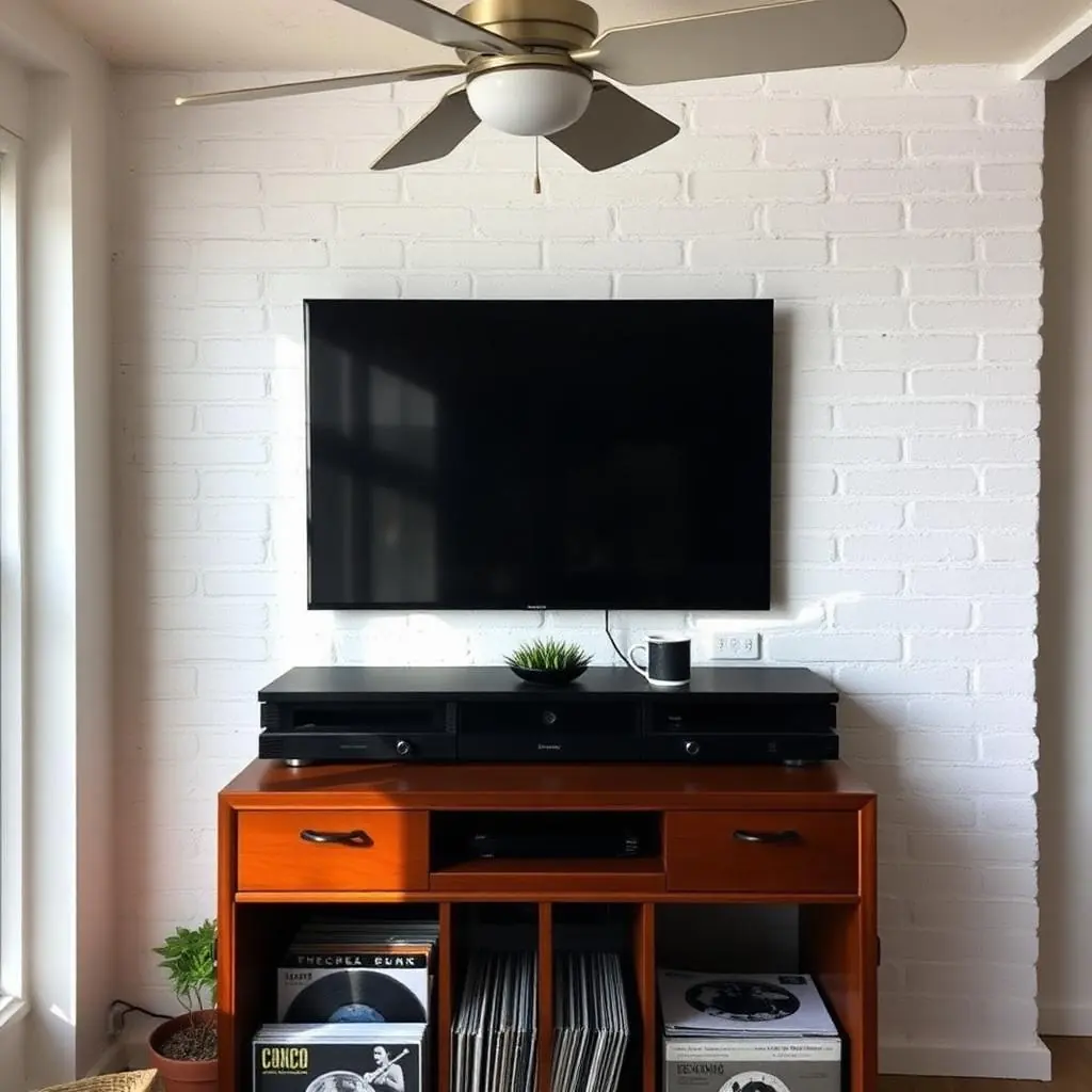 TV mounting in Delray Beach loft condo with 75-inch OLED mounted on white brick wall above record cabinet