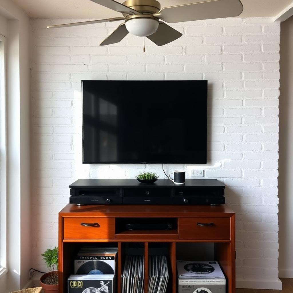 TV mounting in Delray Beach loft condo with 75-inch OLED mounted on white brick wall above record cabinet