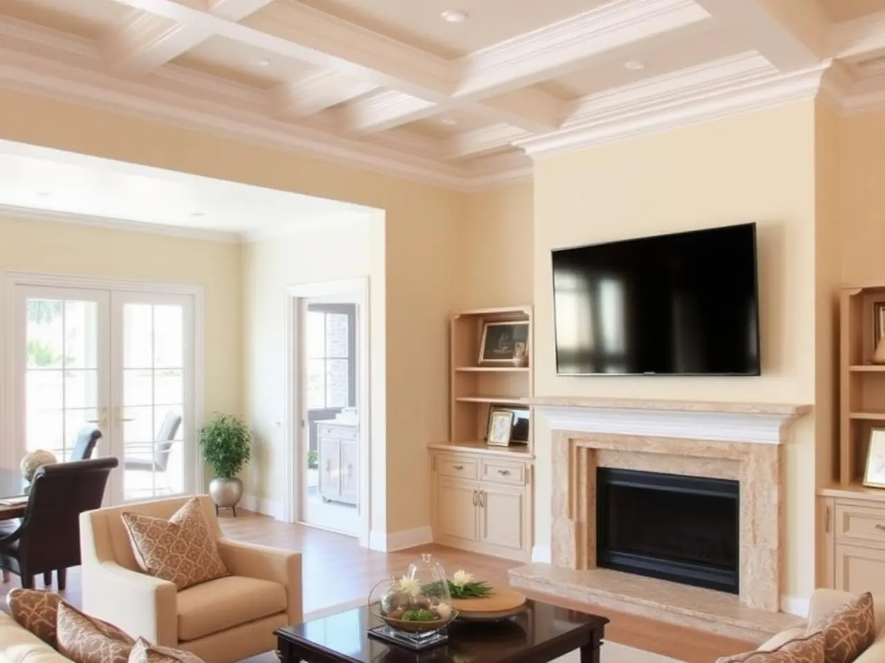 TV mounting in Palm Beach Gardens great room with 65-inch flat screen centered above stone fireplace