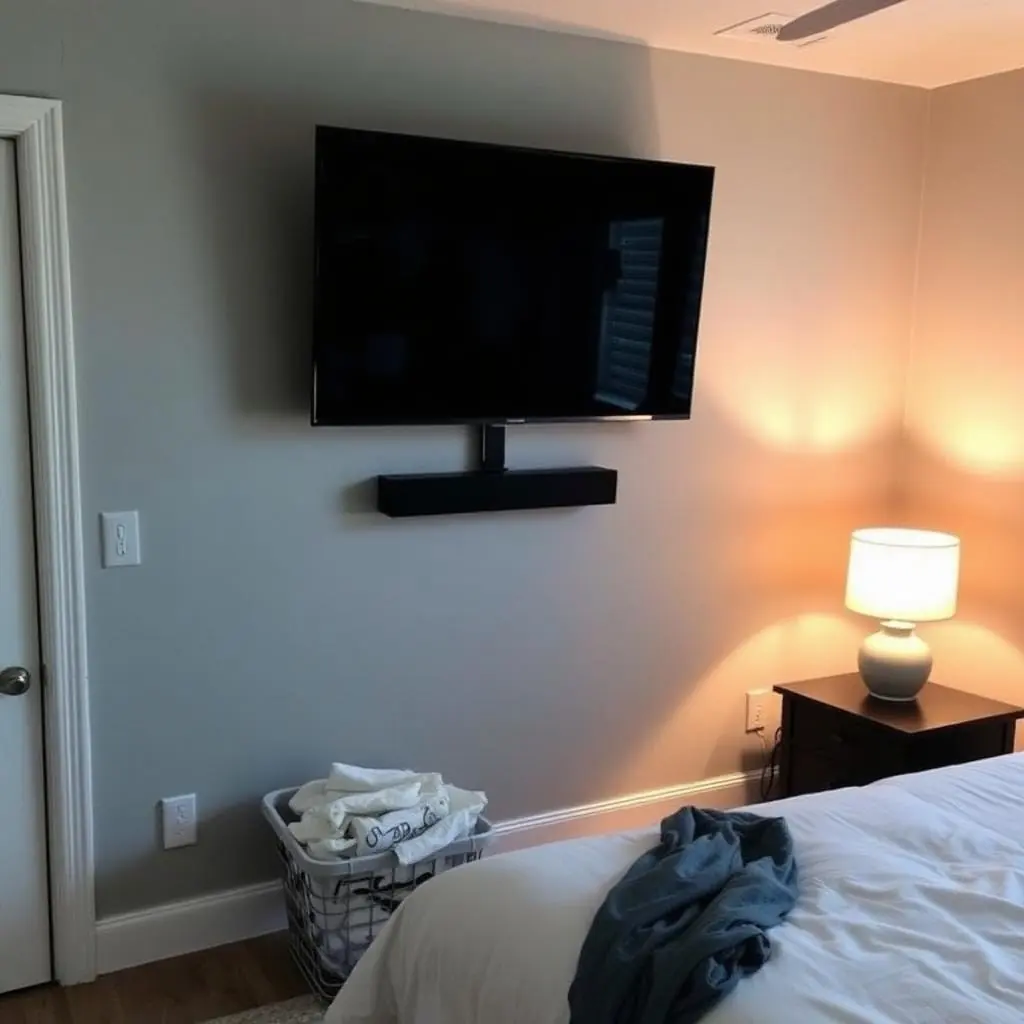 TV mounting in West Palm Beach bedroom with articulating arm mount and soundbar on light grey wall