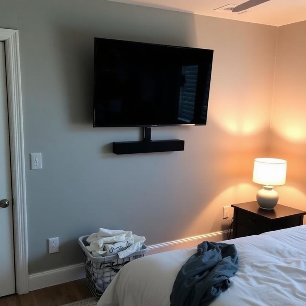 TV mounting in West Palm Beach bedroom with articulating arm mount and soundbar on light grey wall