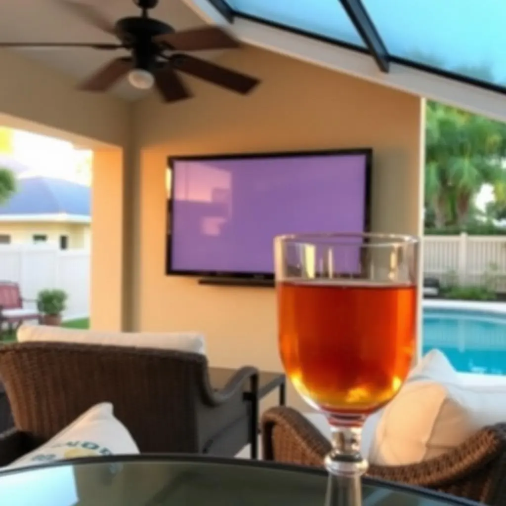 Outdoor TV mounting on Jupiter lanai with weatherproof television installed under covered patio with ocean breeze
